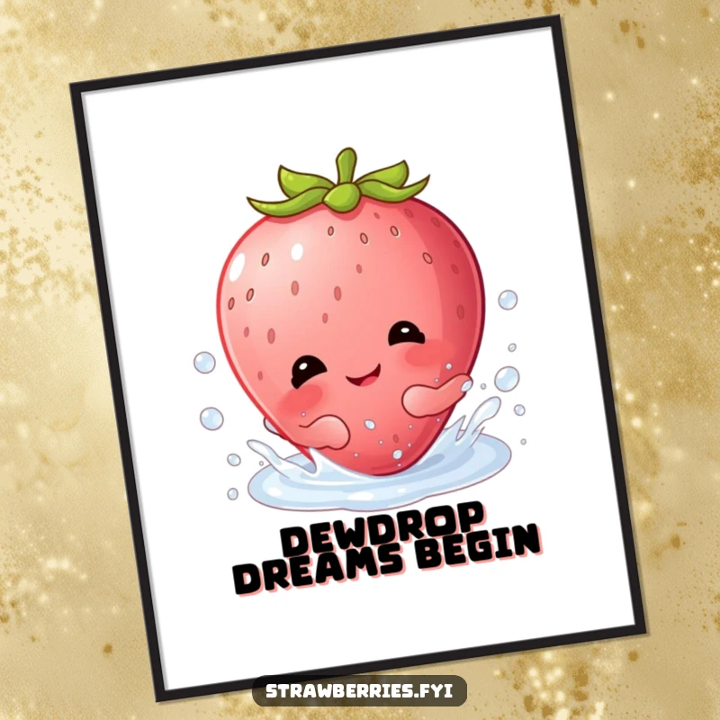Funny poster art of a cheerful Kawaii strawberry character giggling with glee while splashing energetically in a dewdrop.