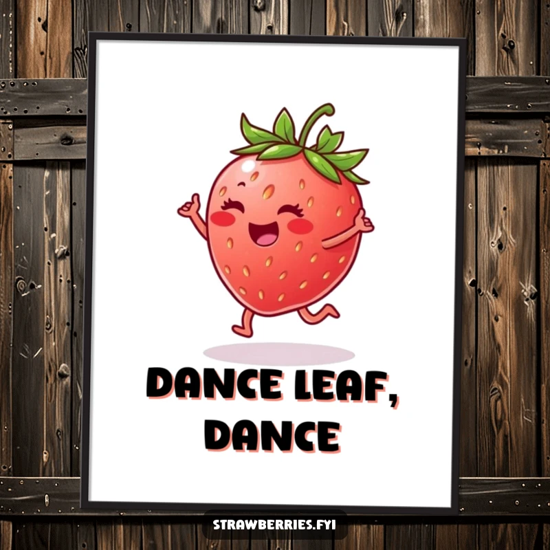 Funny poster depicting a cheerful strawberry in a dynamic happy dance on a leaf, a vibrant and uplifting artwork.