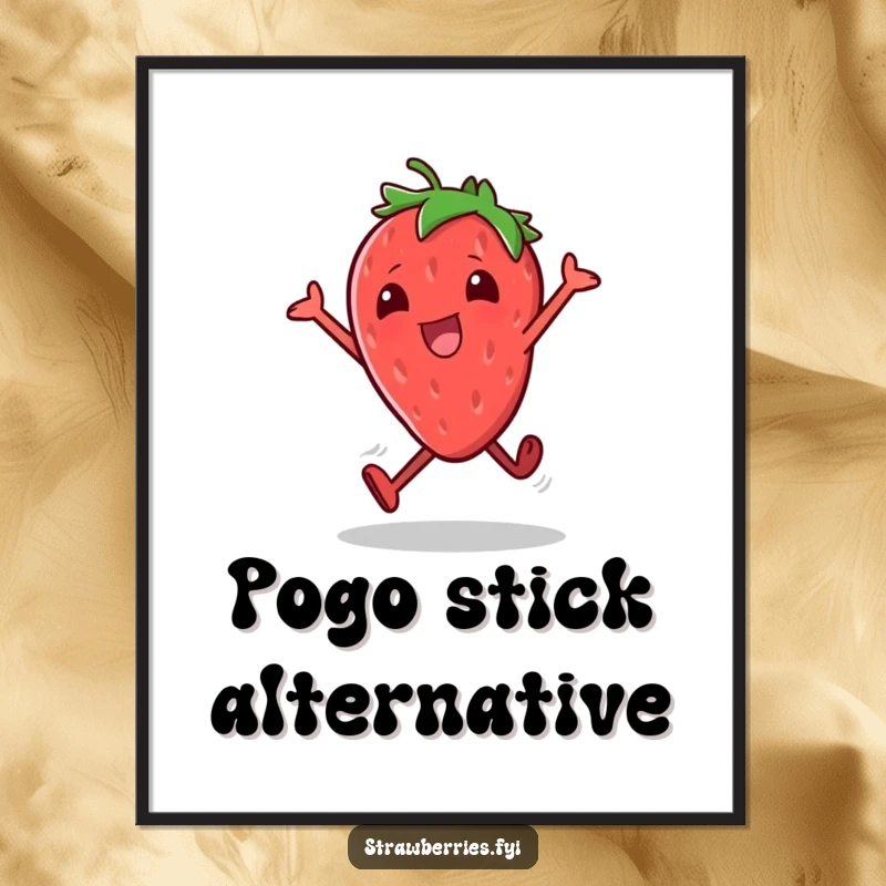 Funny poster featuring a joyful strawberry character performing excited little hops, radiating infectious energy and happiness.