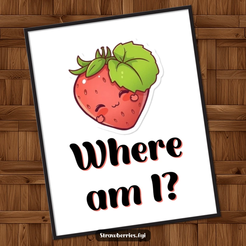 Funny poster art of a strawberry character playfully hiding behind a lush green leaf, creating a moment of adorable humor.