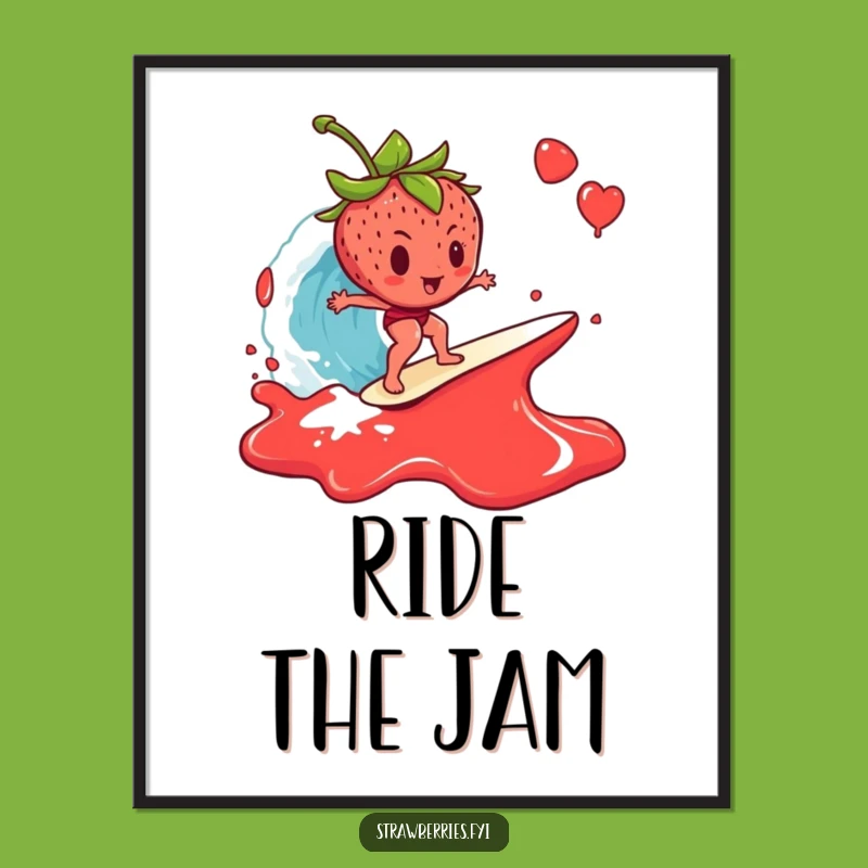 Funny Strawberry Poster: Jam Wave Surf Challenge - Whimsical Wall Art!