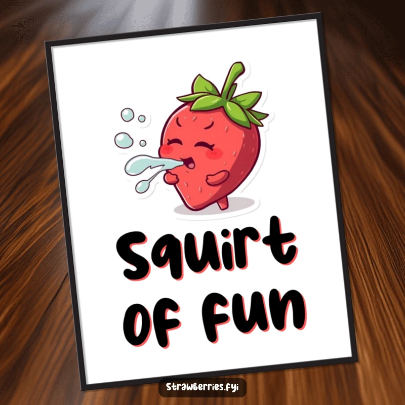 Funny poster of a mischievous strawberry character playfully squirting juice, adding a burst of fruity fun to walls.