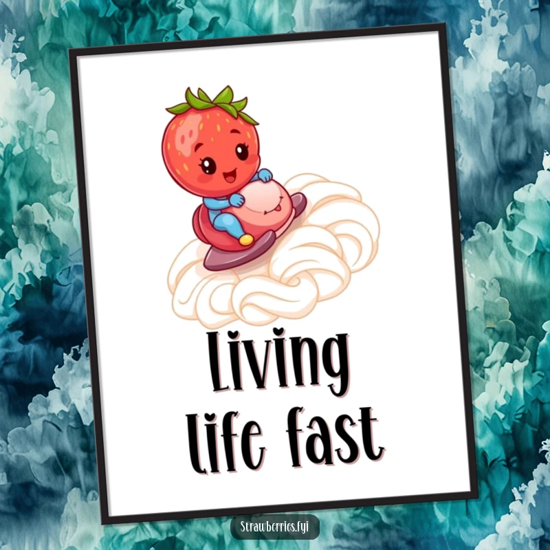 Funny Poster: A strawberry swiftly sliding down a ramp constructed from whipped cream, evoking playful and sweet imagery.