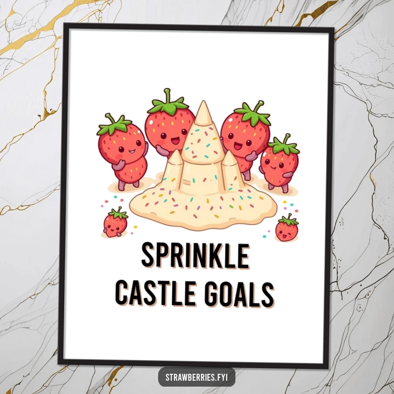 Funny poster depicting strawberries humorously constructing a sprinkle-covered sandcastle, bringing a whimsical beach scene indoors.