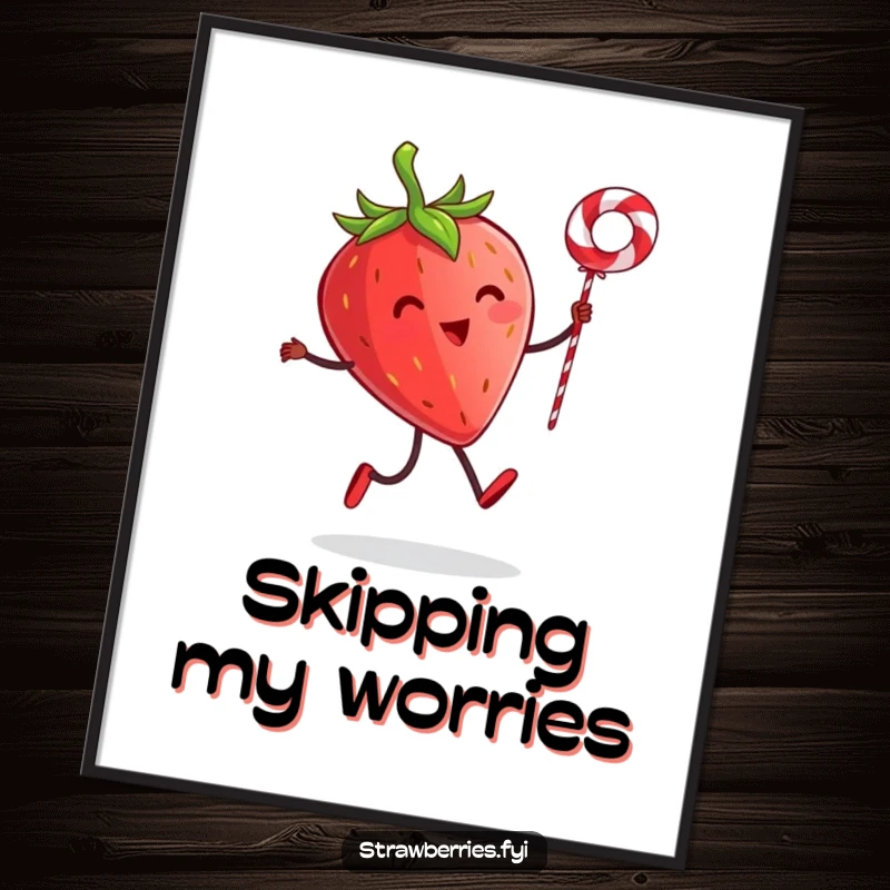 Funny poster showcasing a joyful strawberry character with tiny legs skipping rope with a licorice string, adding a vibrant, humorous touch to any wall.