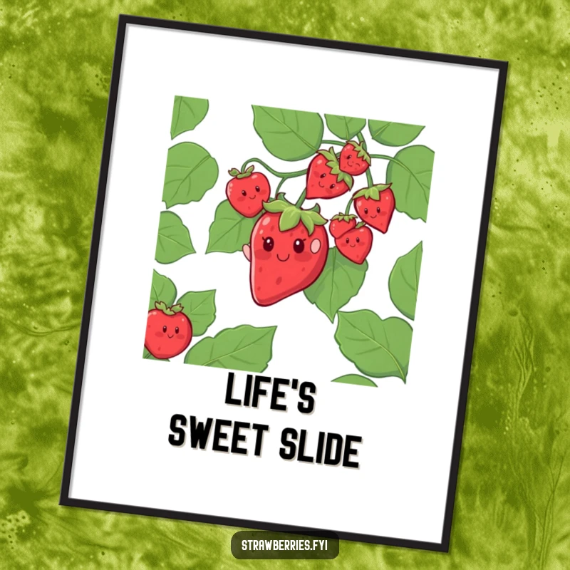 Funny poster of a cheerful strawberry character sliding down a giant leafy vine, adding adventurous humor.