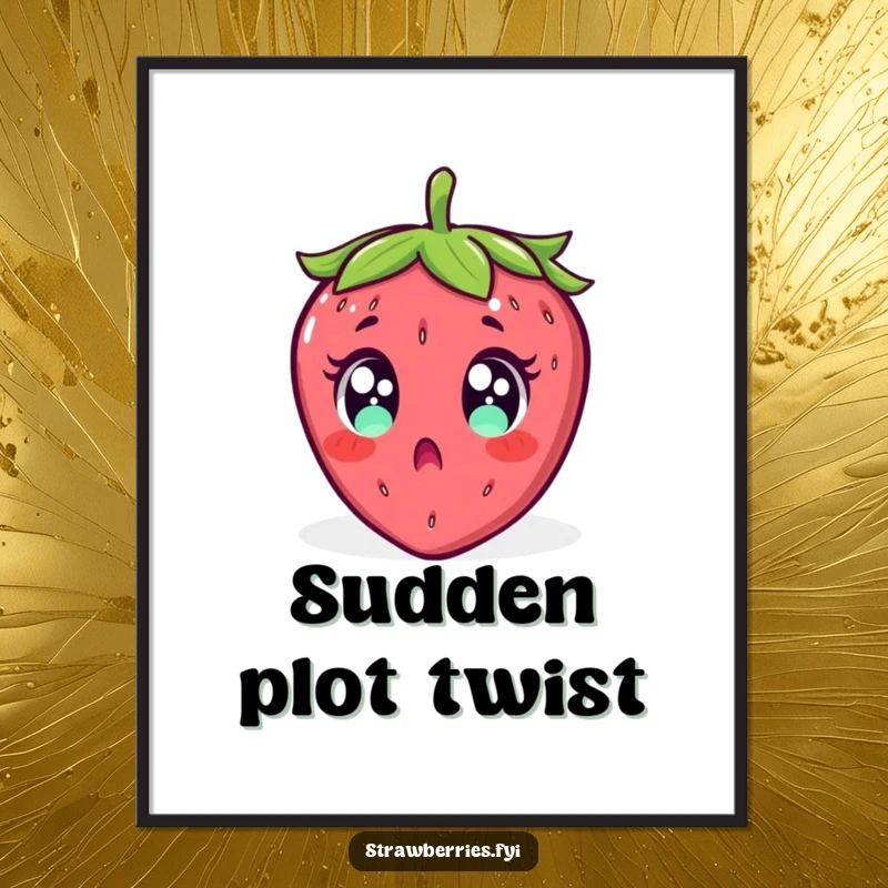 Funny poster showing a surprised strawberry with wide, startled eyes, comically falling backward, a hilarious scene.