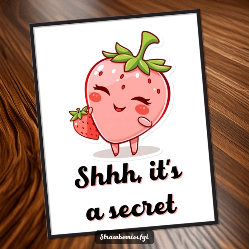 Funny poster displaying a mischievous anthropomorphic strawberry giving a knowing wink, adding playful character.