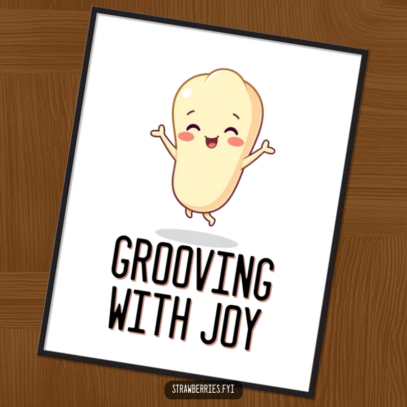 Funny vanilla bean character in a joyful dance, humorous wall art poster for vibrant decor.