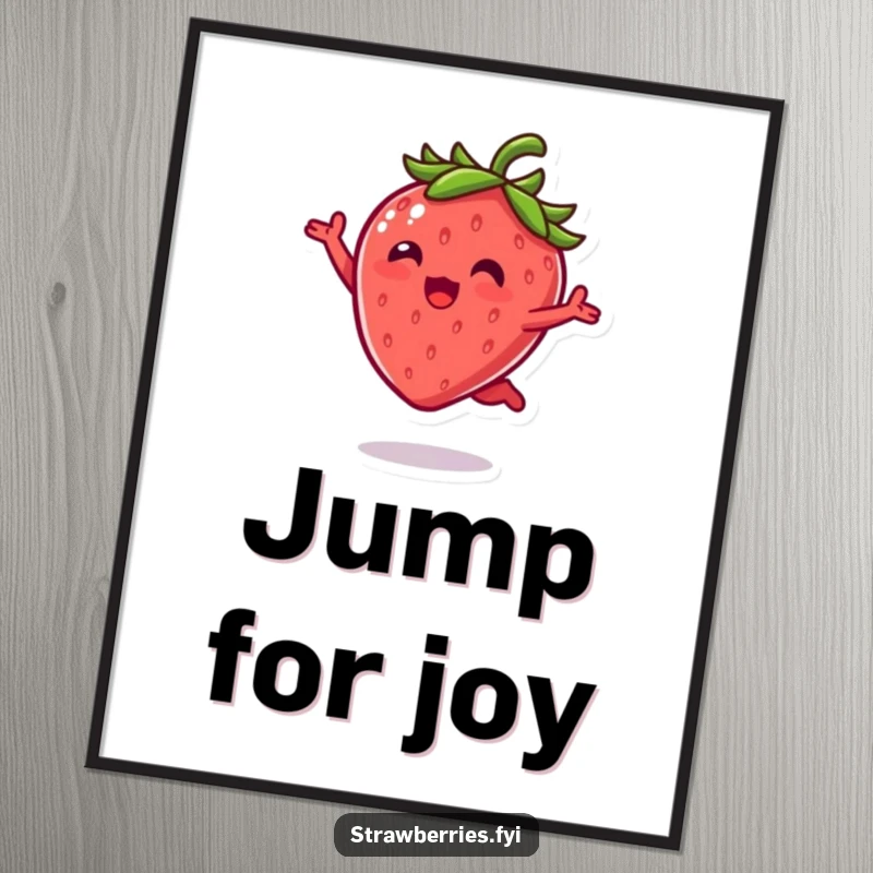 Funny Poster: A striking kawaii strawberry character captured in a moment of pure, joyful leaping, with bright green leaves.