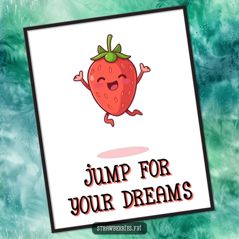 Funny poster depicting a delighted anthropomorphic strawberry leaping joyfully, bringing vibrant energy to any room.