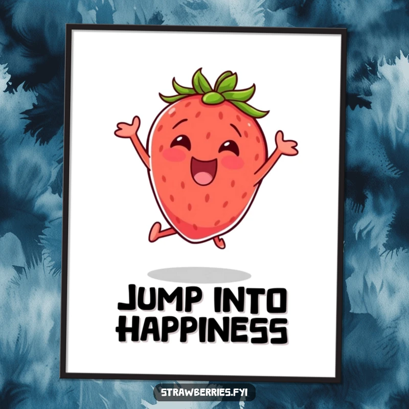 Funny poster depicting an excited strawberry in mid-jumping jack, bringing vibrant energy and cheerful fun to any space.