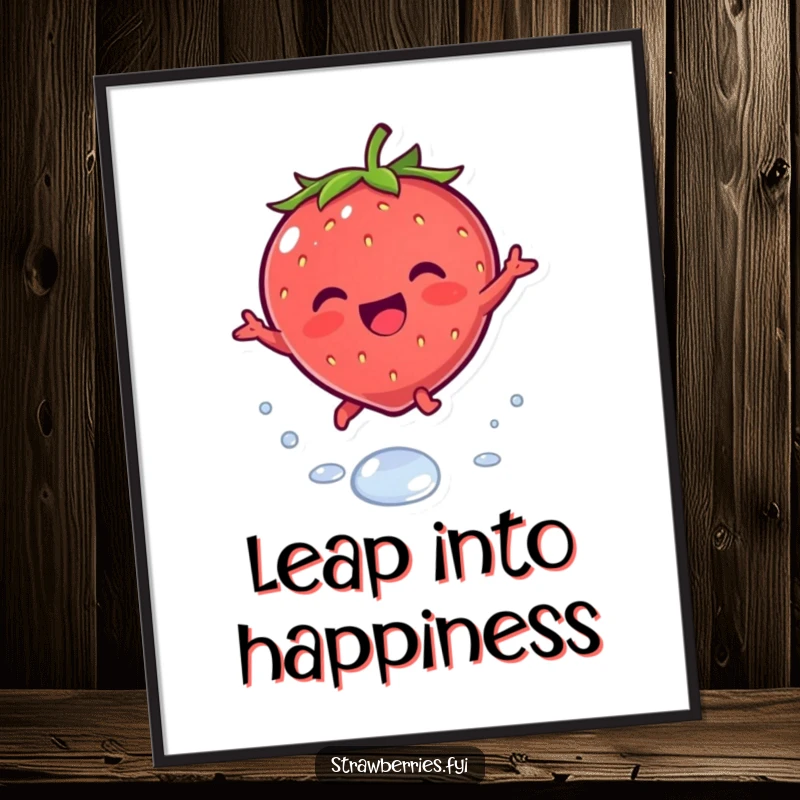 Funny poster of a joyous kawaii strawberry character leaping playfully over a dewdrop, adding a cute and cheerful touch to decor.