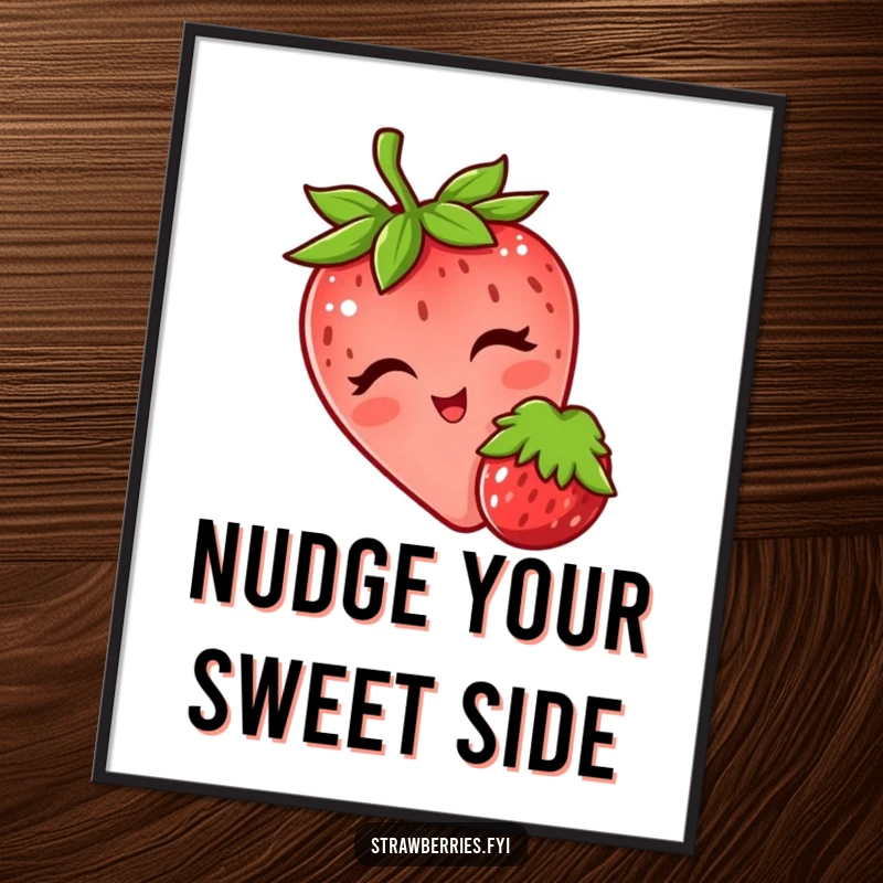 Funny poster showing a strawberry giving a wink while nudging a berry, adding a playful and cheerful artistic touch.