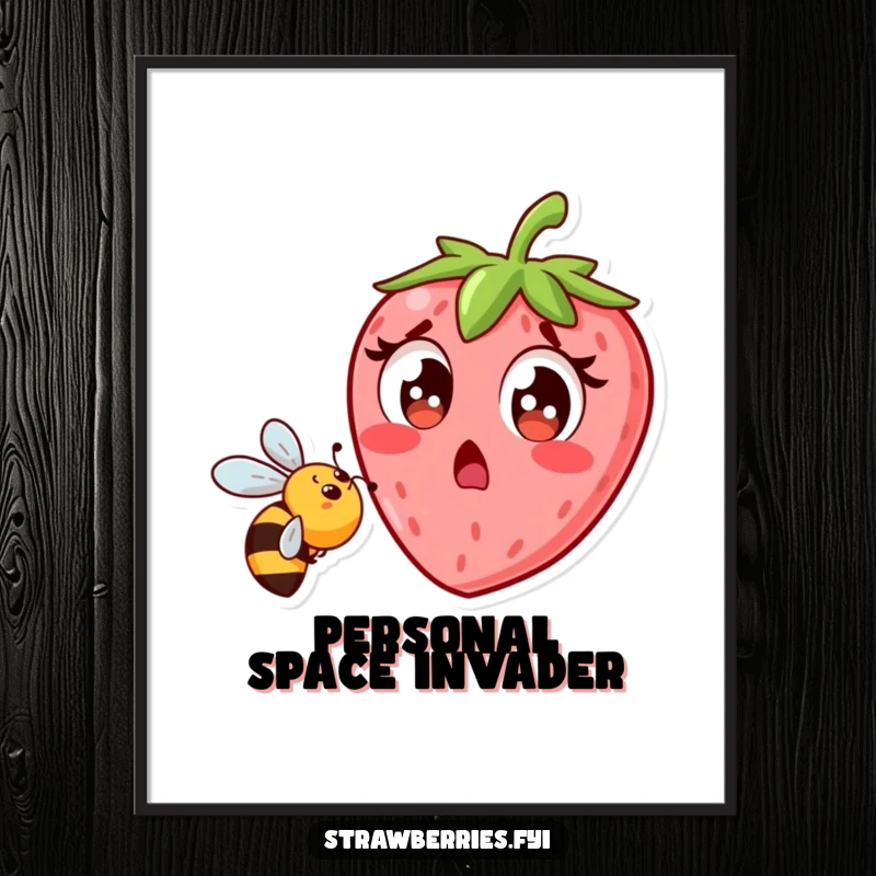 Funny strawberry character showing surprise as a bee approaches, humorous wall art poster for decoration.