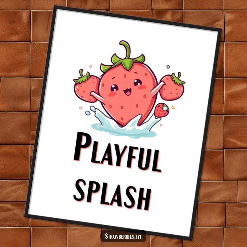 Funny kawaii strawberry character captured mid-playful splash, radiating fun on this artistic poster.