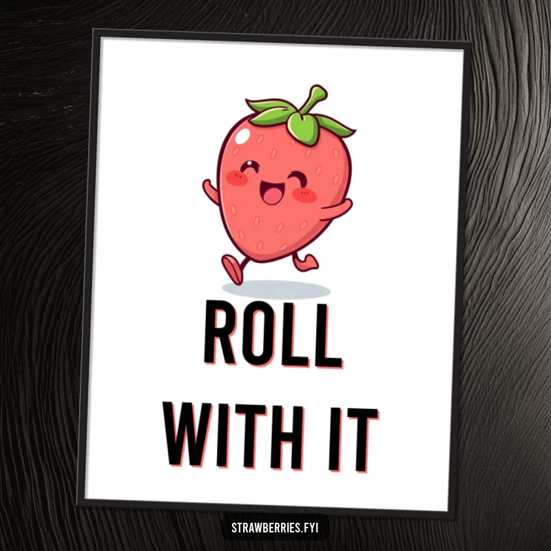 Funny Kawaii strawberry character joyfully rolling with glee on a vibrant poster, adding cheerful decor.