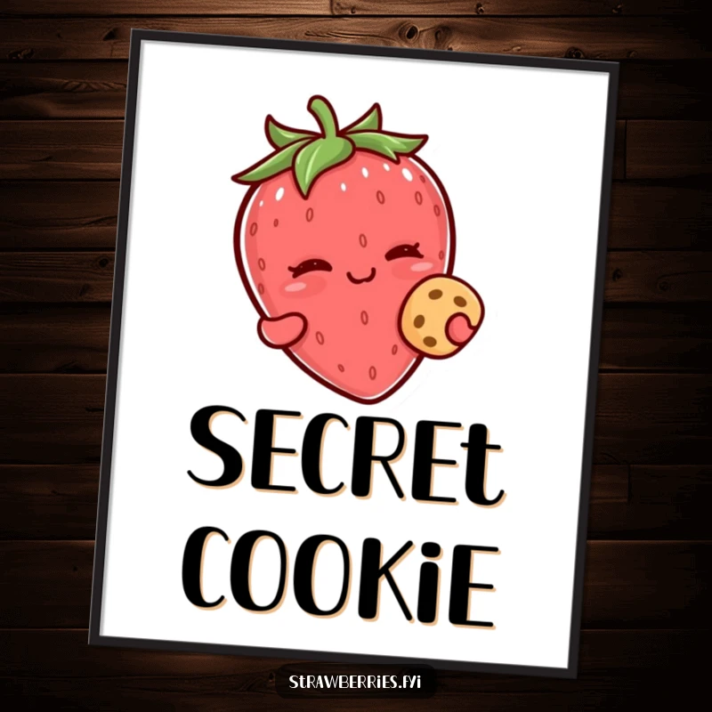 Funny kawaii strawberry character winking while holding a tiny cookie on this artistic poster.