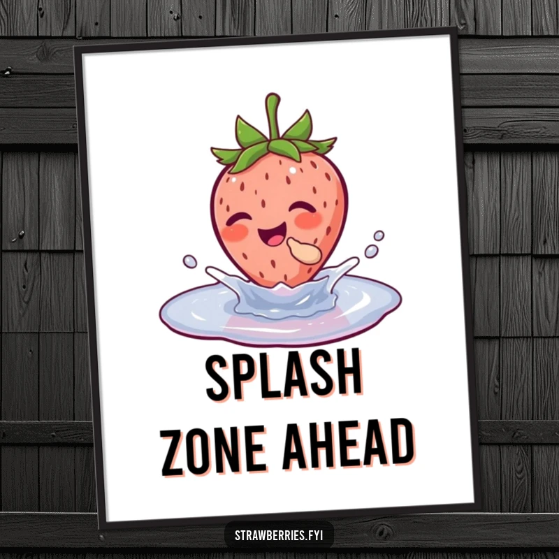 Funny poster showing a strawberry character in the middle of a puddle splash, captured in a moment of pure, uninhibited laughter.