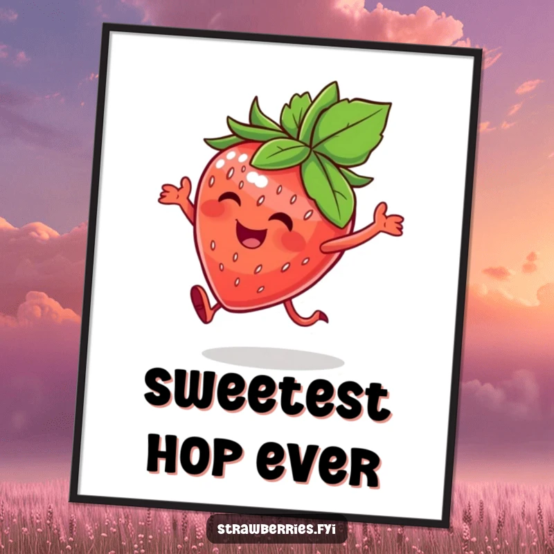 Funny poster of a happy strawberry character with a leafy crown, captured mid-joyful hop, adding a touch of whimsical fruit art.