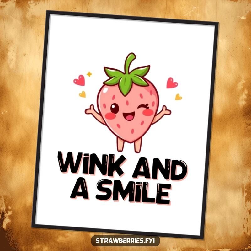Funny poster of a strawberry character in a celebratory pose with a wink, symbolizing achievement and joy.
