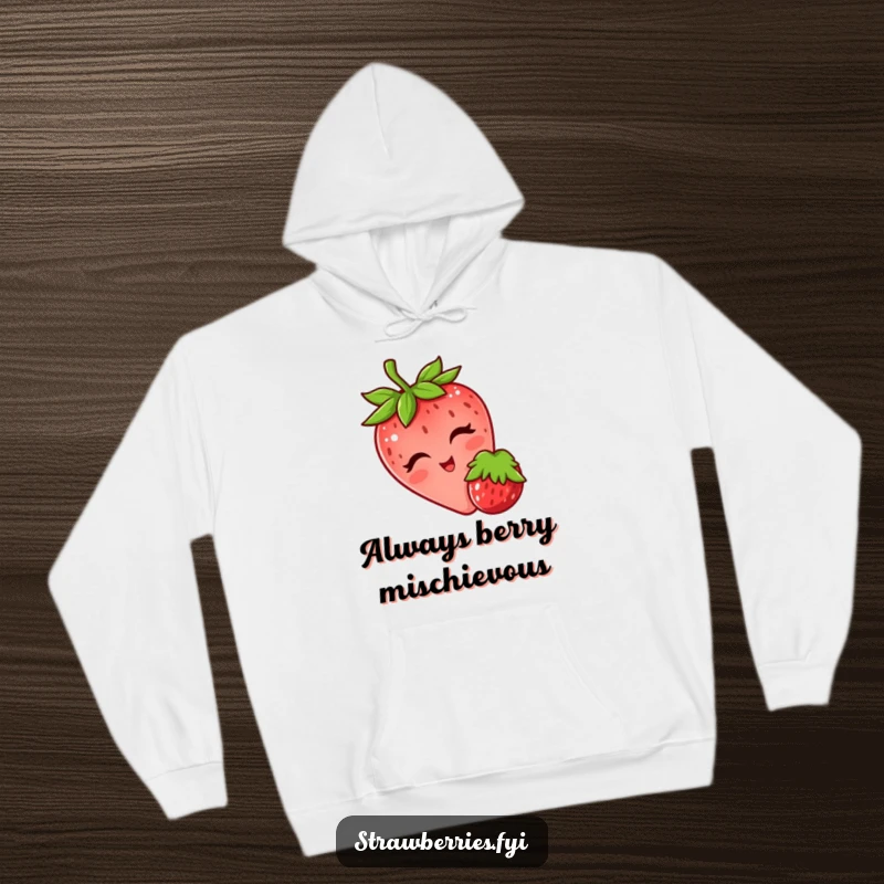 Funny hoodie with a winking strawberry playfully nudging a berry, offering cozy comfort with a touch of flirty humor.