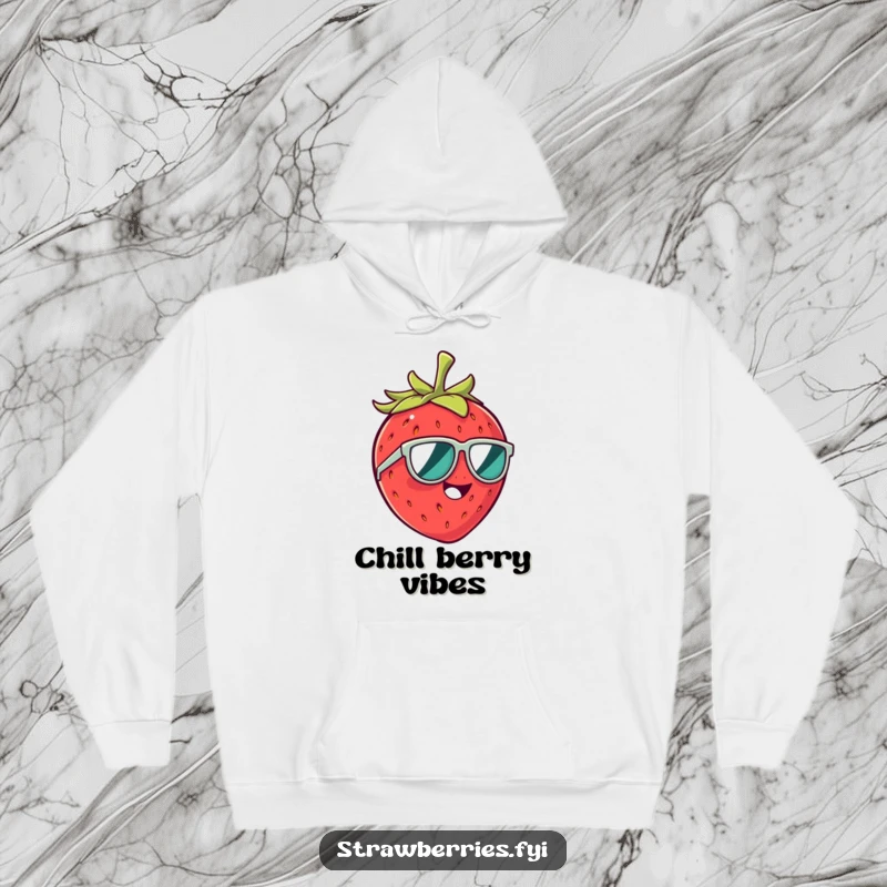 Funny hoodie showcasing a giggling strawberry character wearing small sunglasses, exuding warmth and playful humor.