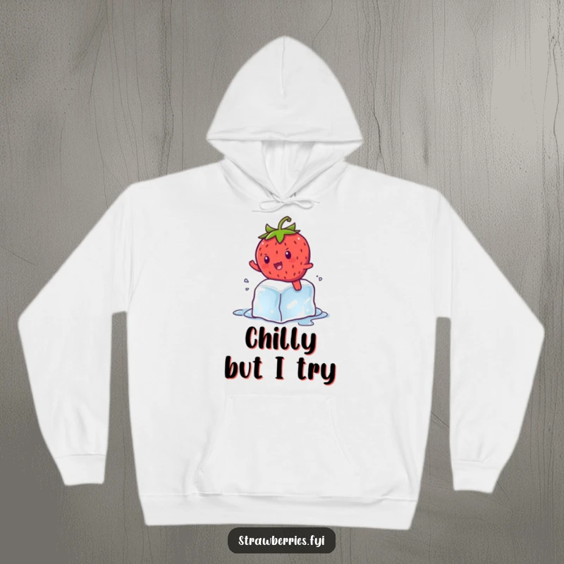 Funny kawaii strawberry character comically attempting to surf a melting ice cube, capturing a moment of hilarious summer struggle.