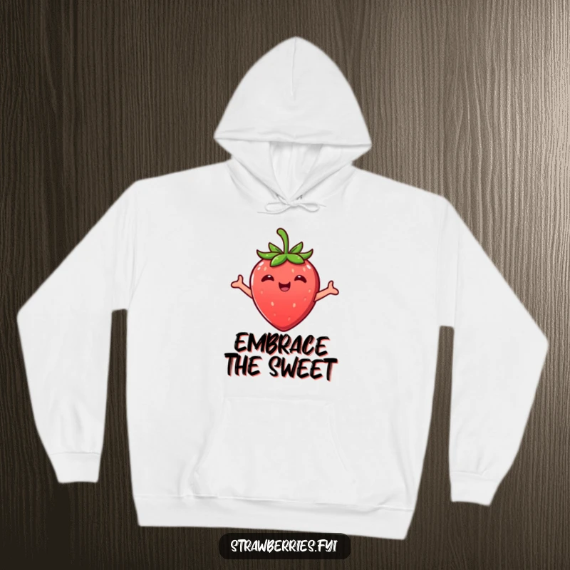 Funny Kawaii strawberry character in a happy embrace featured on a cozy hoodie, perfect for comfort.