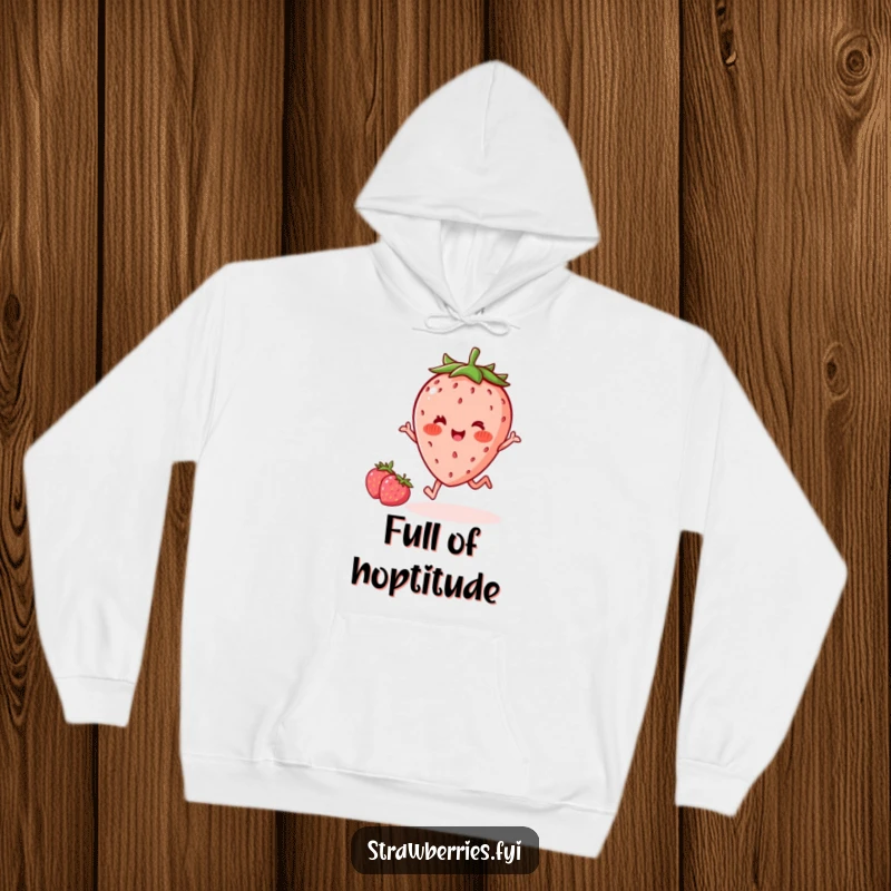 Funny delighted kawaii strawberry character with rosy cheeks doing a little hop, printed on a soft, warm hoodie for cozy, humorous wear.