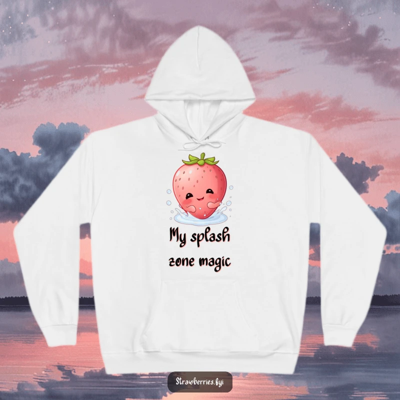 Funny hoodie design of a happy Kawaii strawberry character giggling with delight while having fun splashing in a dewdrop.