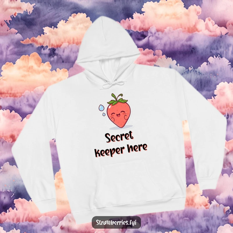 Funny hoodie showcasing a happy strawberry character whispering a secret to a dewdrop, offering cozy, humorous comfort.