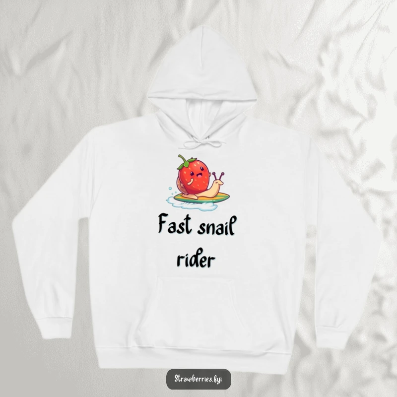 Funny hoodie depicting a strawberry character surfing on a snail like a surfboard, offering cozy warmth and humorous style.