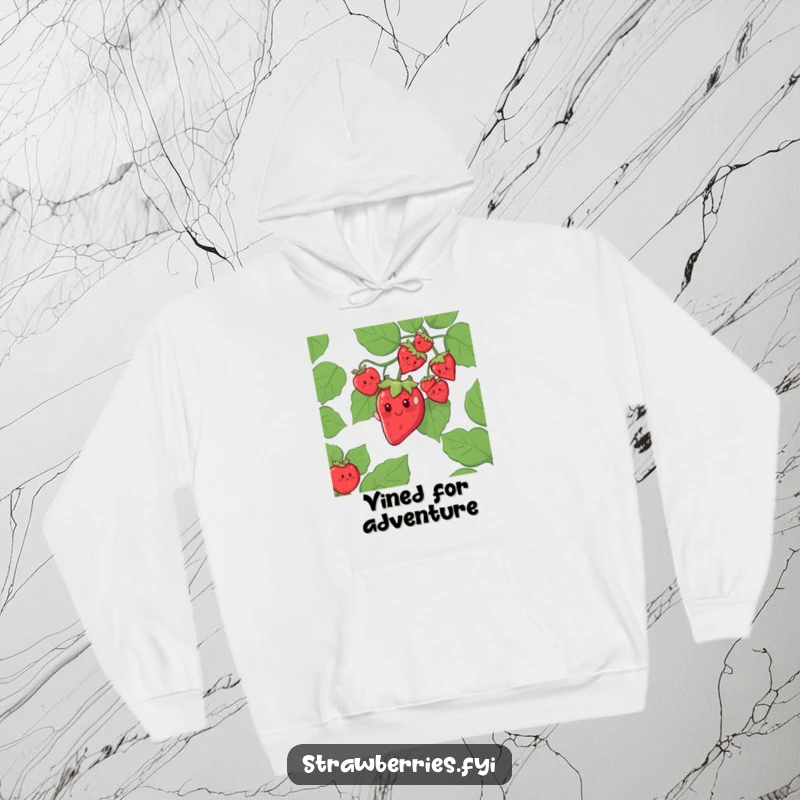 Funny hoodie featuring a cheerful strawberry character sliding down a giant leafy vine, for cozy adventurous vibes.