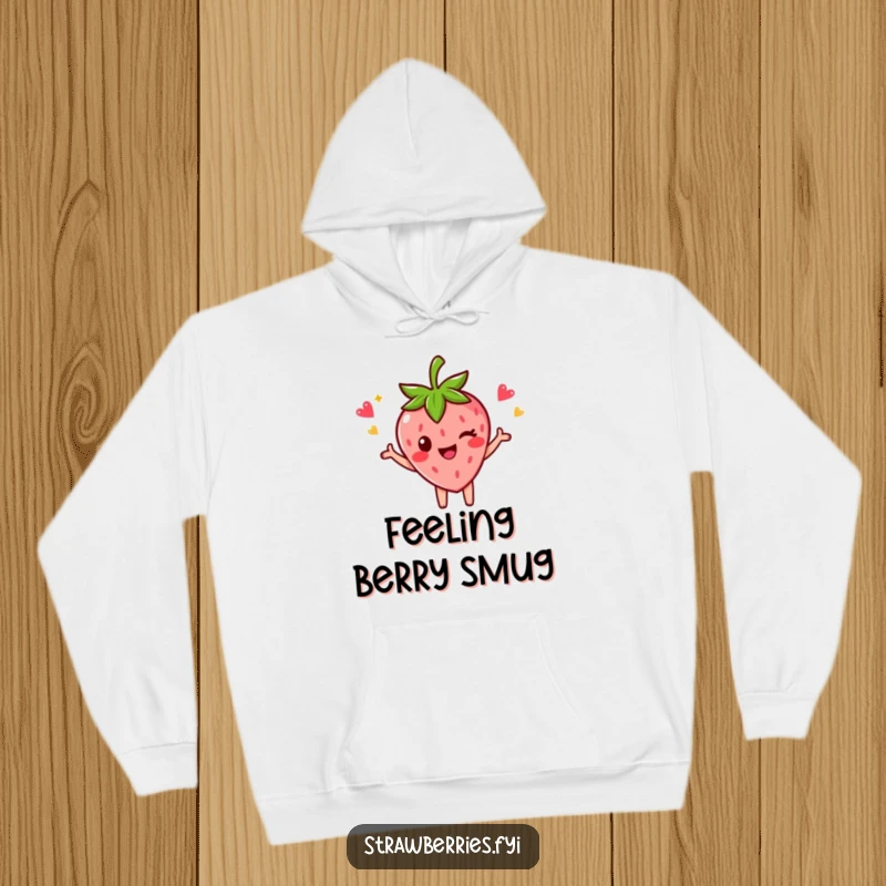 Funny hoodie featuring a strawberry character in a celebratory pose with a wink, perfect for cozy winning moments.