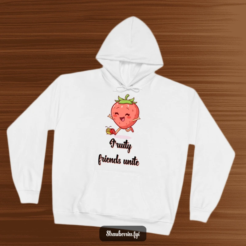 Funny skipping strawberry hoodie with a jovial character and ladybug companion, offering cozy warmth and humorous, joyful companionship.