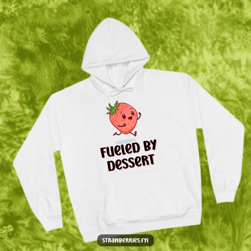 Funny hoodie showing a small strawberry with tiny legs in a full sprint towards a giant spoon, celebrating a love for desserts.