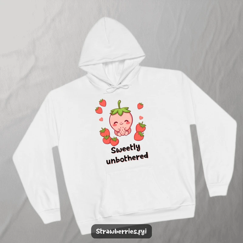 Funny hoodie showcasing a contented strawberry character in a peaceful pose, radiating warmth and simple joy.