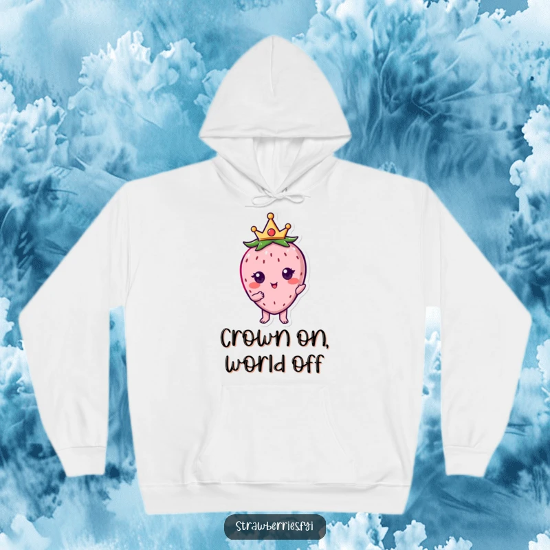 Funny kawaii strawberry character wearing a tiny crown, exuding royal charm on this cozy hoodie.