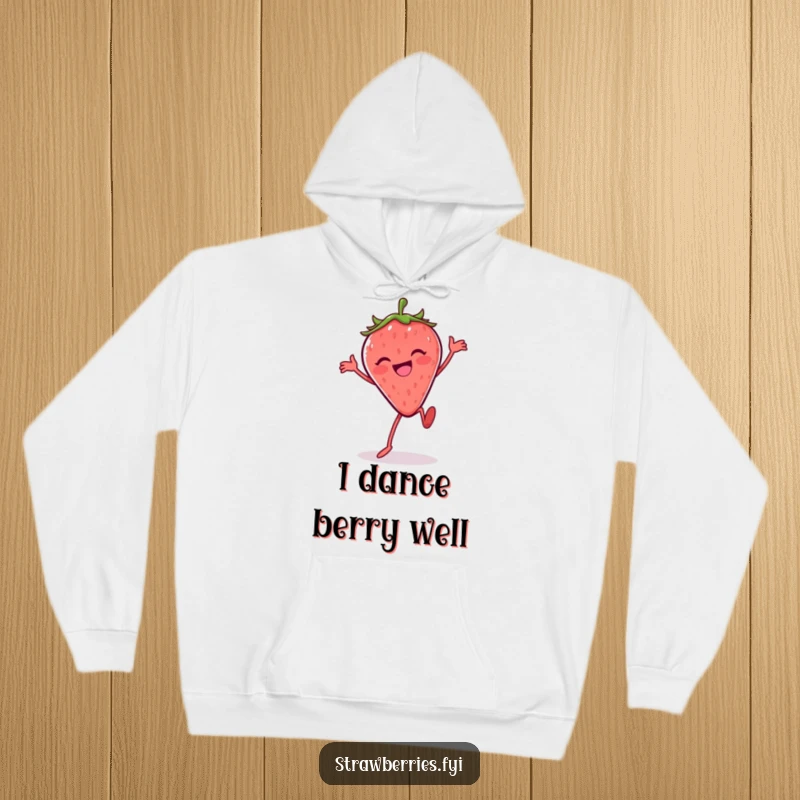 Funny Silly Dance Strawberry Hoodie: A joyful strawberry character dancing energetically, offering warmth and fun.