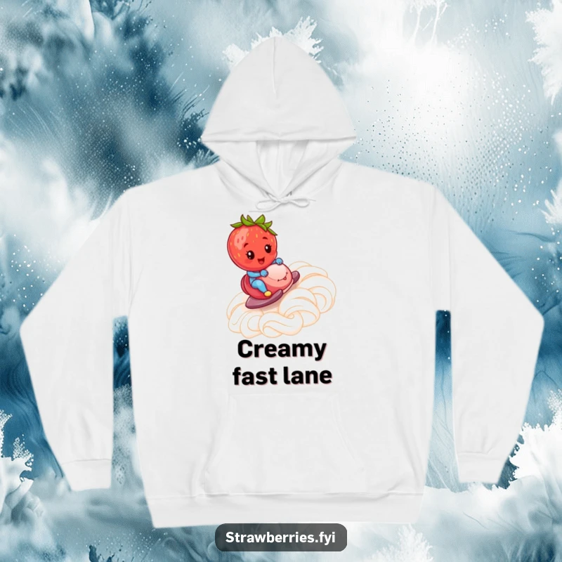 Funny Hoodie: A strawberry gleefully sliding down a whipped cream ramp, capturing a moment of pure, sweet exhilaration.