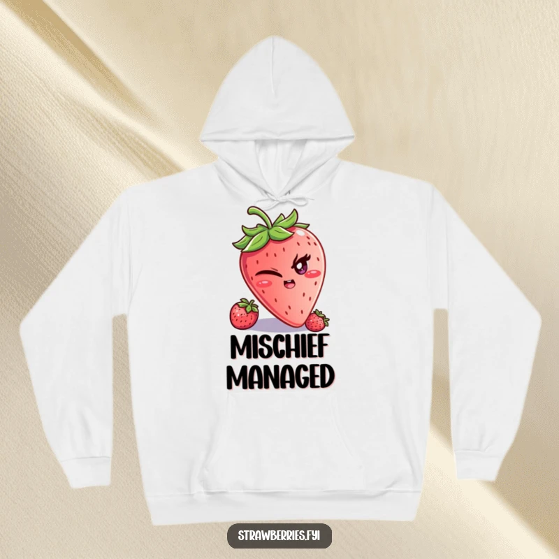 Funny hoodie featuring a winking strawberry character with a mischievous glint, offering cozy warmth and playful, cheeky humor.