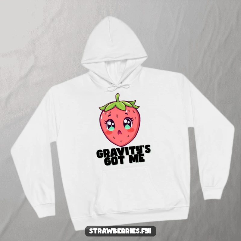 Funny hoodie depicting a surprised strawberry with wide, shocked eyes, in the midst of a comical backward fall.