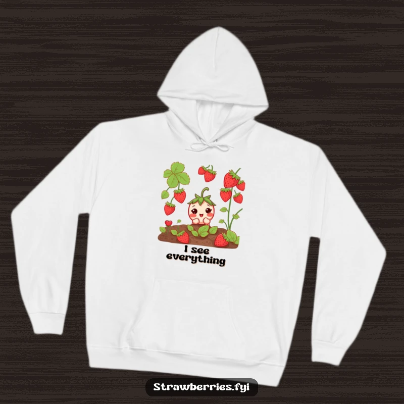 Funny Curious Strawberry Hoodie: A shy strawberry peeking from cover, offering warmth and playful curiosity.