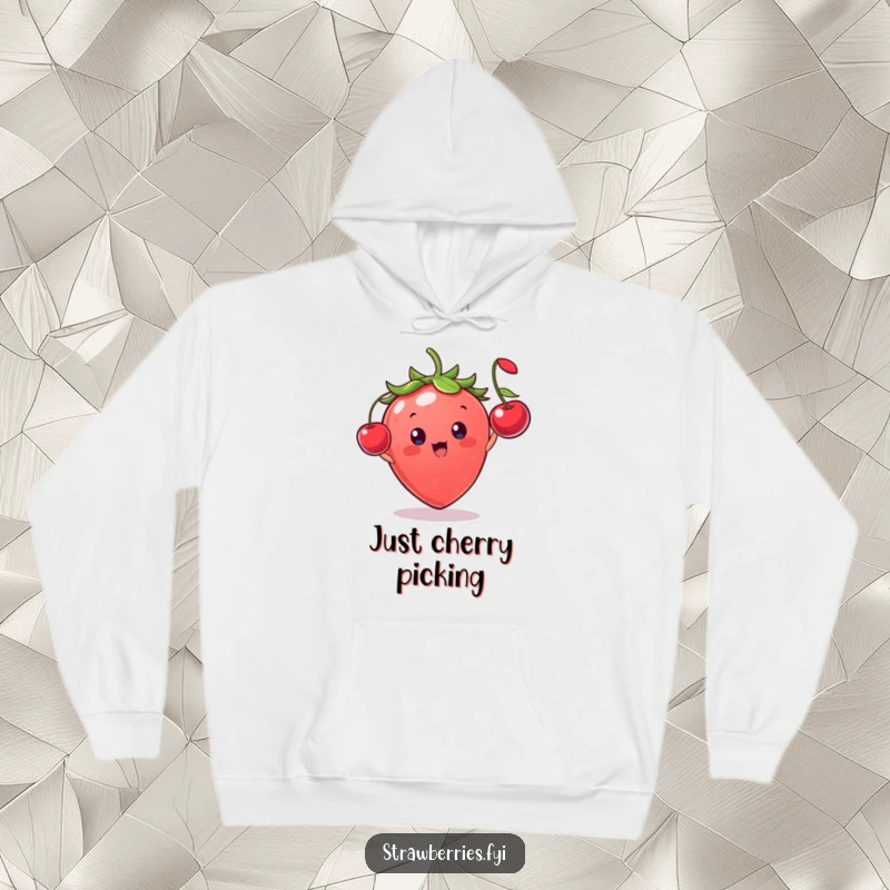 Funny strawberry character with an excited grin, gleefully throwing a miniature cherry, a warm and humorous hoodie design.