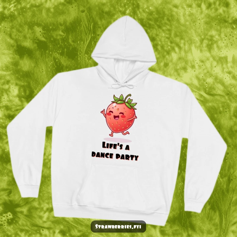 Funny hoodie illustrating a cheerful strawberry performing a lively dance on a leaf, full of energy and fun.