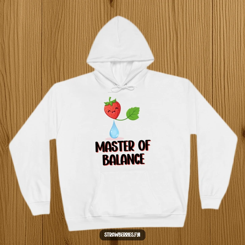 Funny hoodie depicting a delighted strawberry balancing precariously on a dewdrop, a charming and humorous illustration.