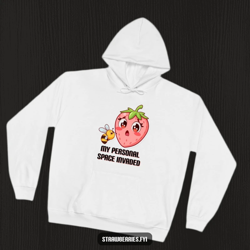 Funny strawberry character recoiling in fear from a bee, hooded sweatshirt, cozy and humorous apparel.
