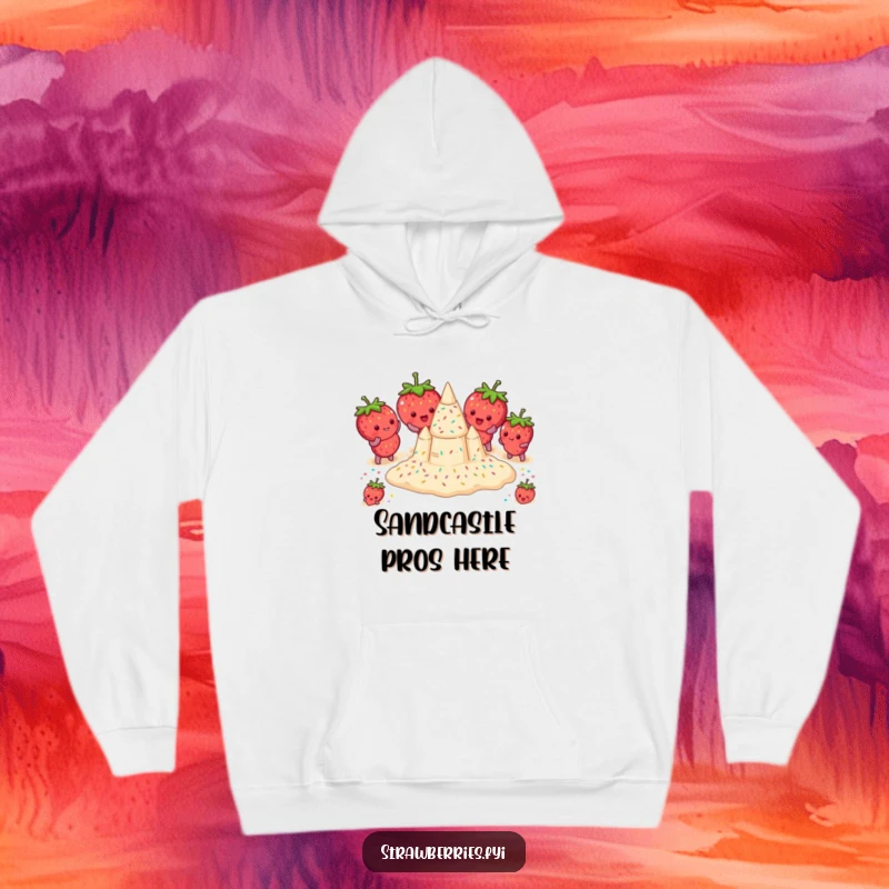 Funny hoodie depicting strawberries attempting to build a sandcastle with sprinkles, offering warmth and a touch of beachy humor.
