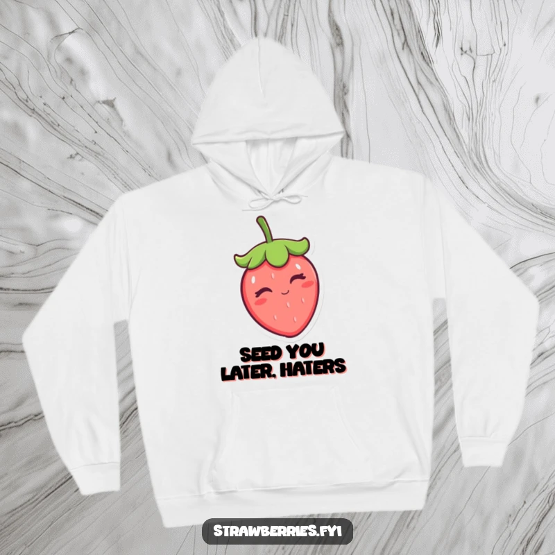 Funny winking kawaii strawberry character tipping its cap, featured on a soft, warm hoodie for cozy, humorous wear.